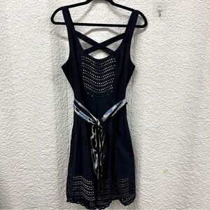 Anthropologie L women’s navy dress, cut out at the chest & bottom, pleated front